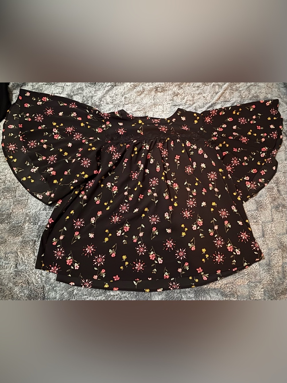 Lane Bryant Black Floral Smocked Yoke Blouse with Pink & Yellow Flowers